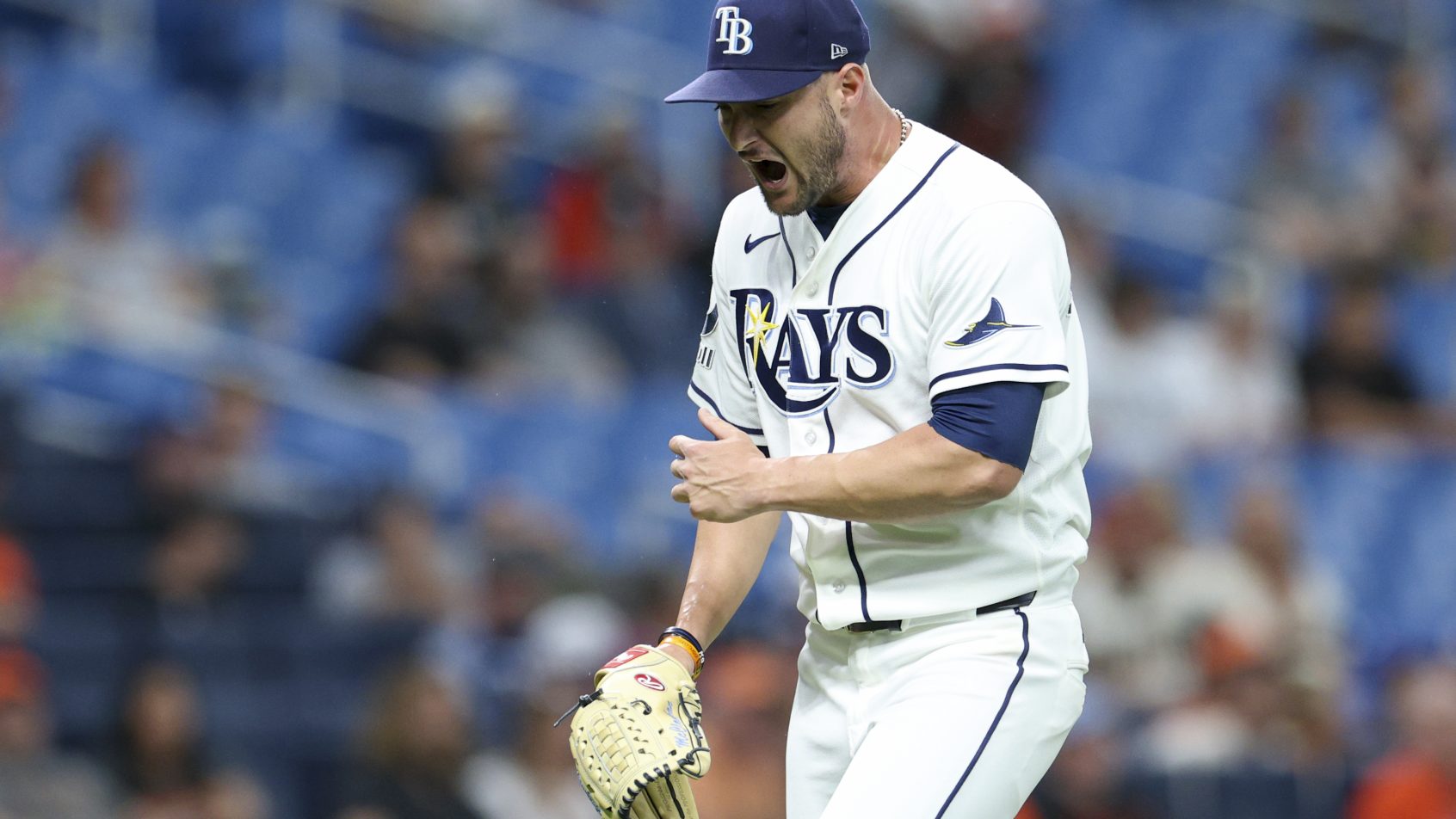 Shane McClanahan celebrates a strikeout versus the Orioles.