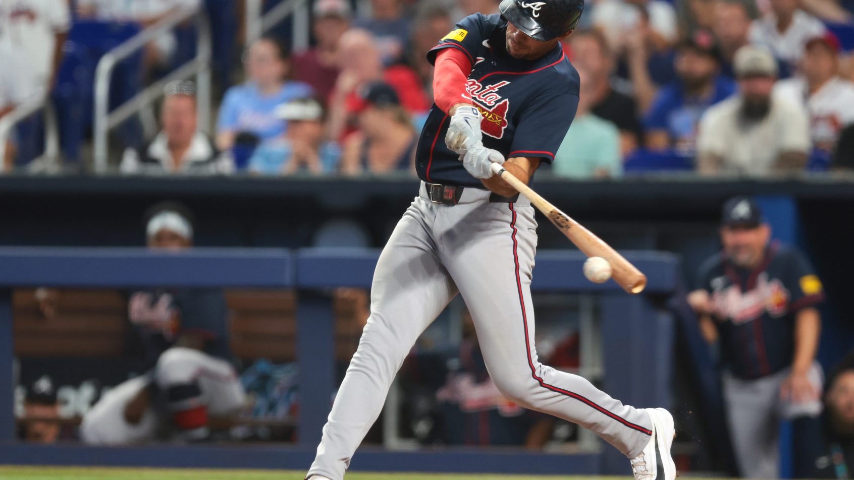 Matt Olson takes a cut at a pitch versus the Marlins.