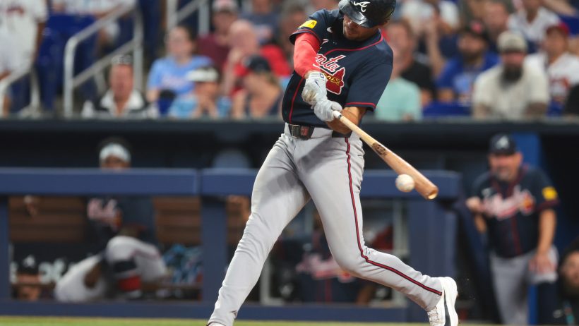 Matt Olson takes a cut at a pitch versus the Marlins.