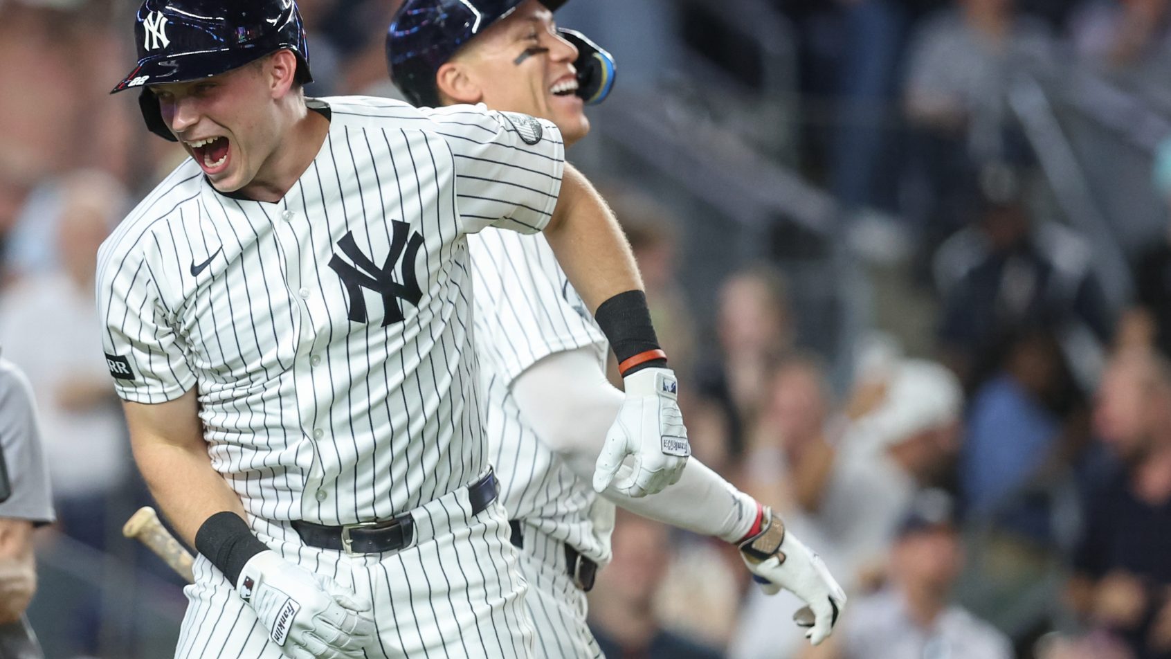 Aaron Judge and Ben Rice celebrate versus the Blue Jays.