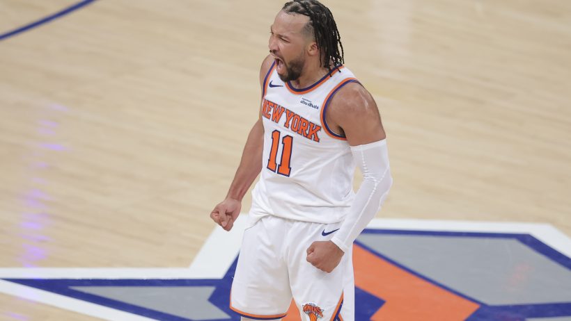 Jalen Brunson celebrates during a Knicks playoff win over the Cavs.