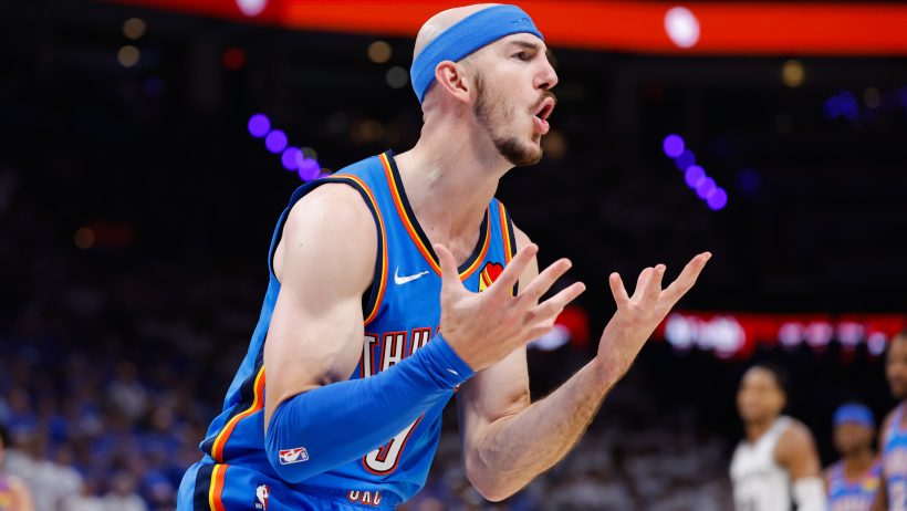 Alex Caruso reacts during a Western Conference Final game versus the Spurs.