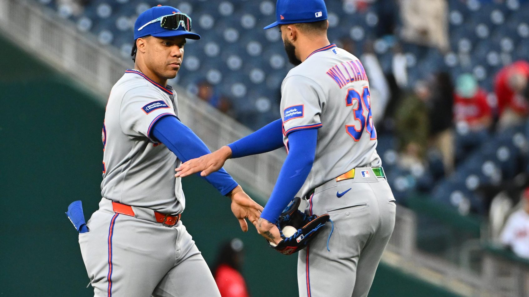 Juan Soto and pitcher Devin Williams celebrate a win