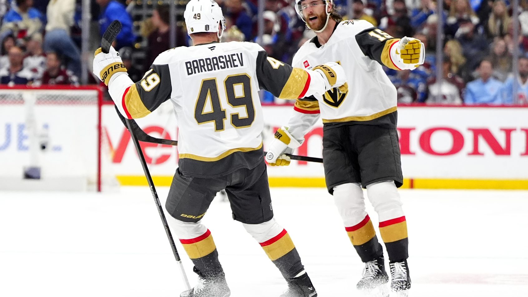 The Golden Knights celebrate during their Game 2 win over the Avalanche.