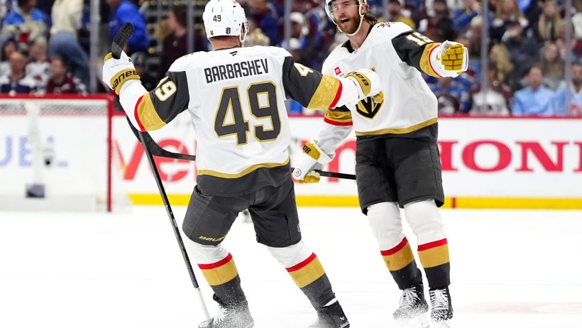 The Golden Knights celebrate during their Game 2 win over the Avalanche.