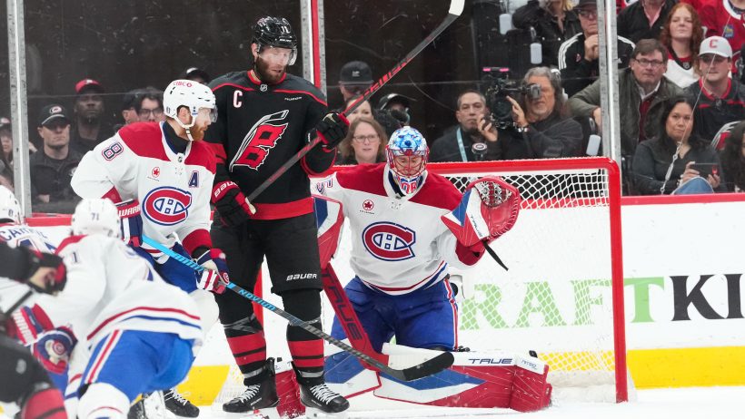 Jakub Dobes makes a save against the Hurricanes.