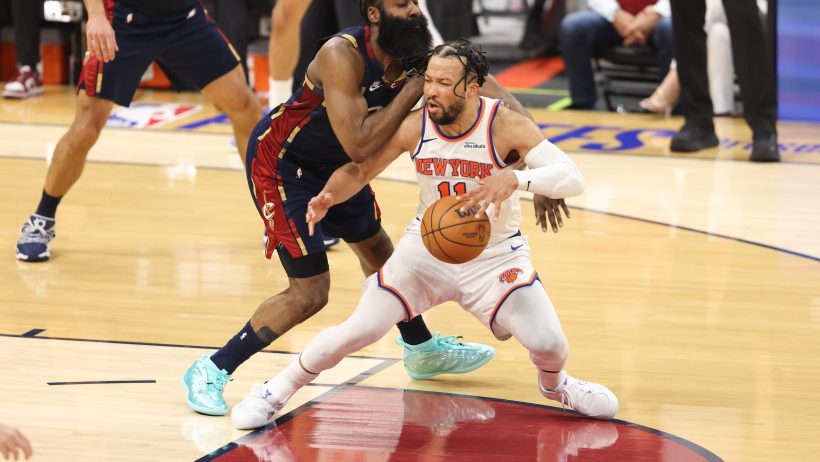 Jalen Brunson drives and draws contact from James Harden in the Eastern Conference Finals.