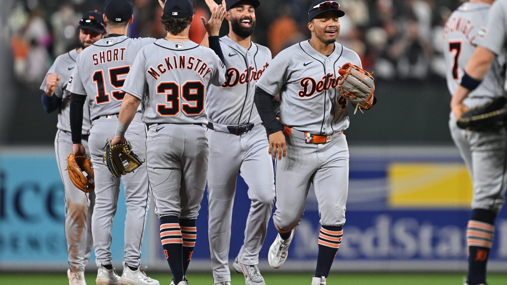 The Detroit Tigers celebrate a victory over the Baltimore Orioles.