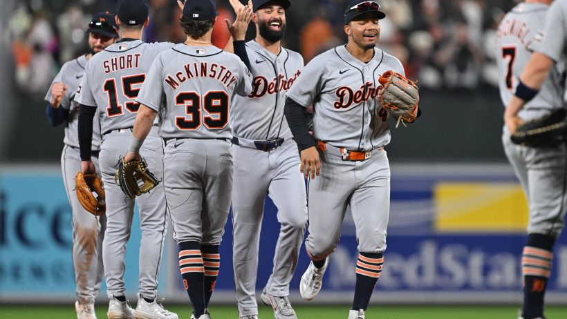 The Detroit Tigers celebrate a victory over the Baltimore Orioles.