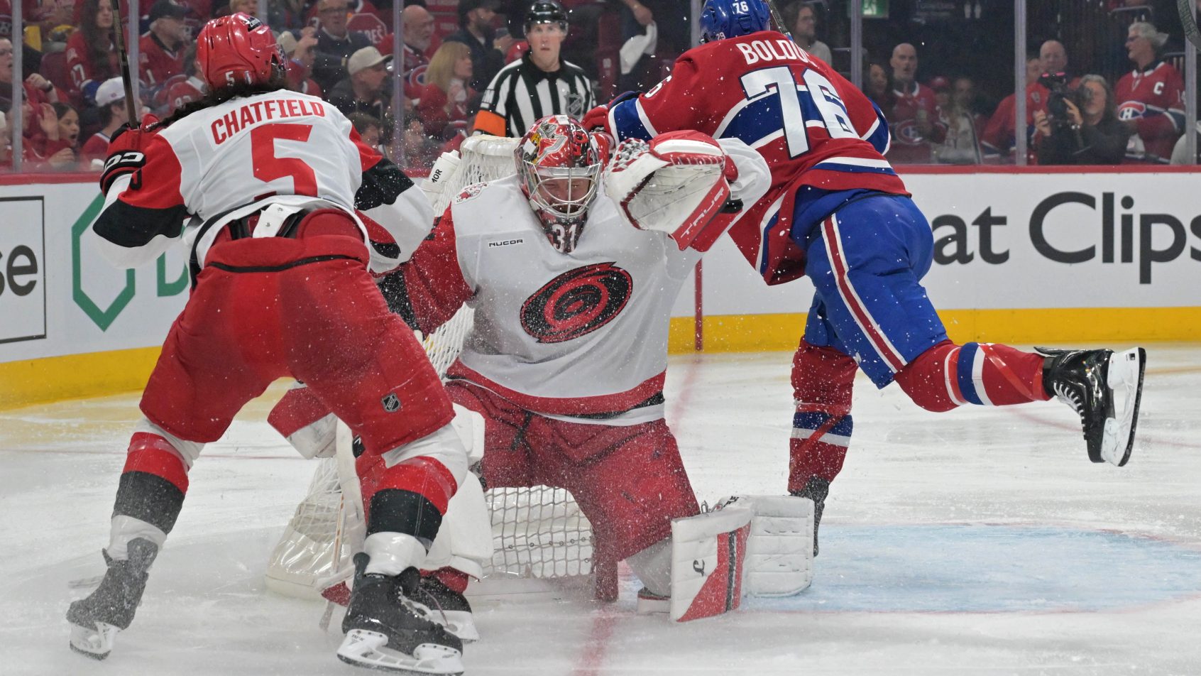 Zachary Bolduc drives to the Hurricanes net during an Eastern Conference Final game.