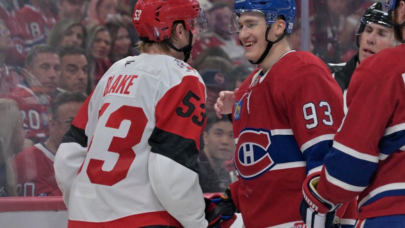 Jackson Blake and Montreal Canadiens right wing Ivan Demidov talk after the whistle