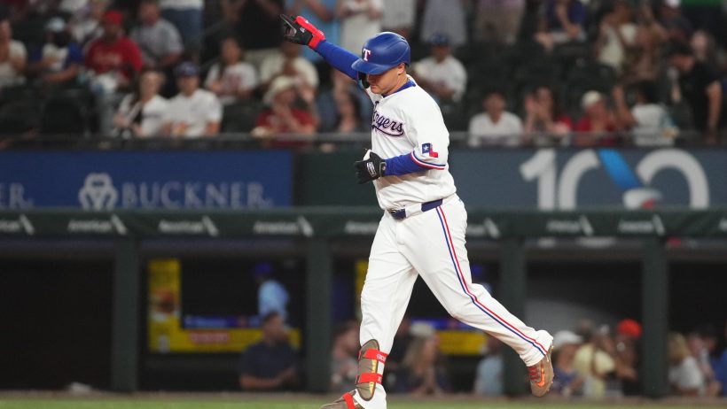 Joc Pederson celebrating a home run with the Texas Rangers.