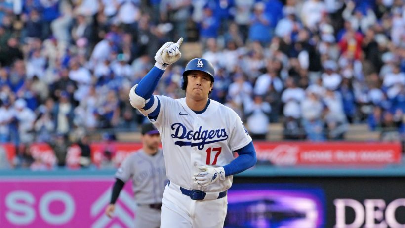 Shohei Ohtani celebrating a home run with the Los Angeles Dodgers