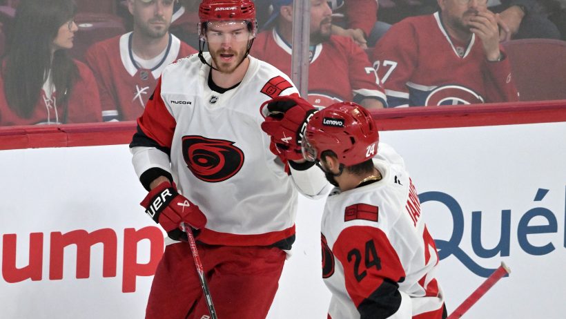 The Hurricanes celebrate an empty-net goal to close out the Canadiens in Game 4 of the Eastern Conference Final.