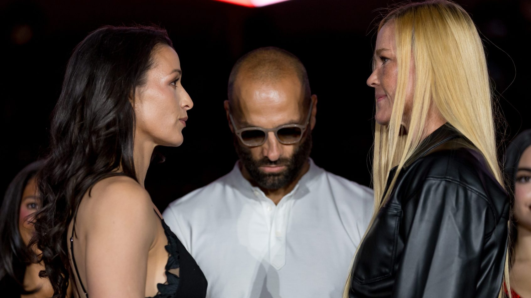 El Paso boxer Stephanie Han faces off with Albuquerque boxer Holly Holm during a news conference Thursday, May 28, 2026, at El Paso County Coliseum before their fight on the MVPW-03 card.
