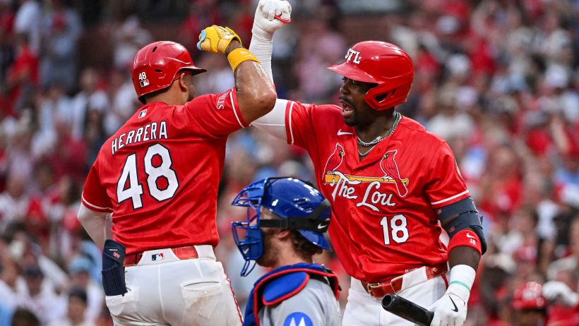 Jordan Walker celebrating with Ivan Herrera for the St. Louis Cardinals