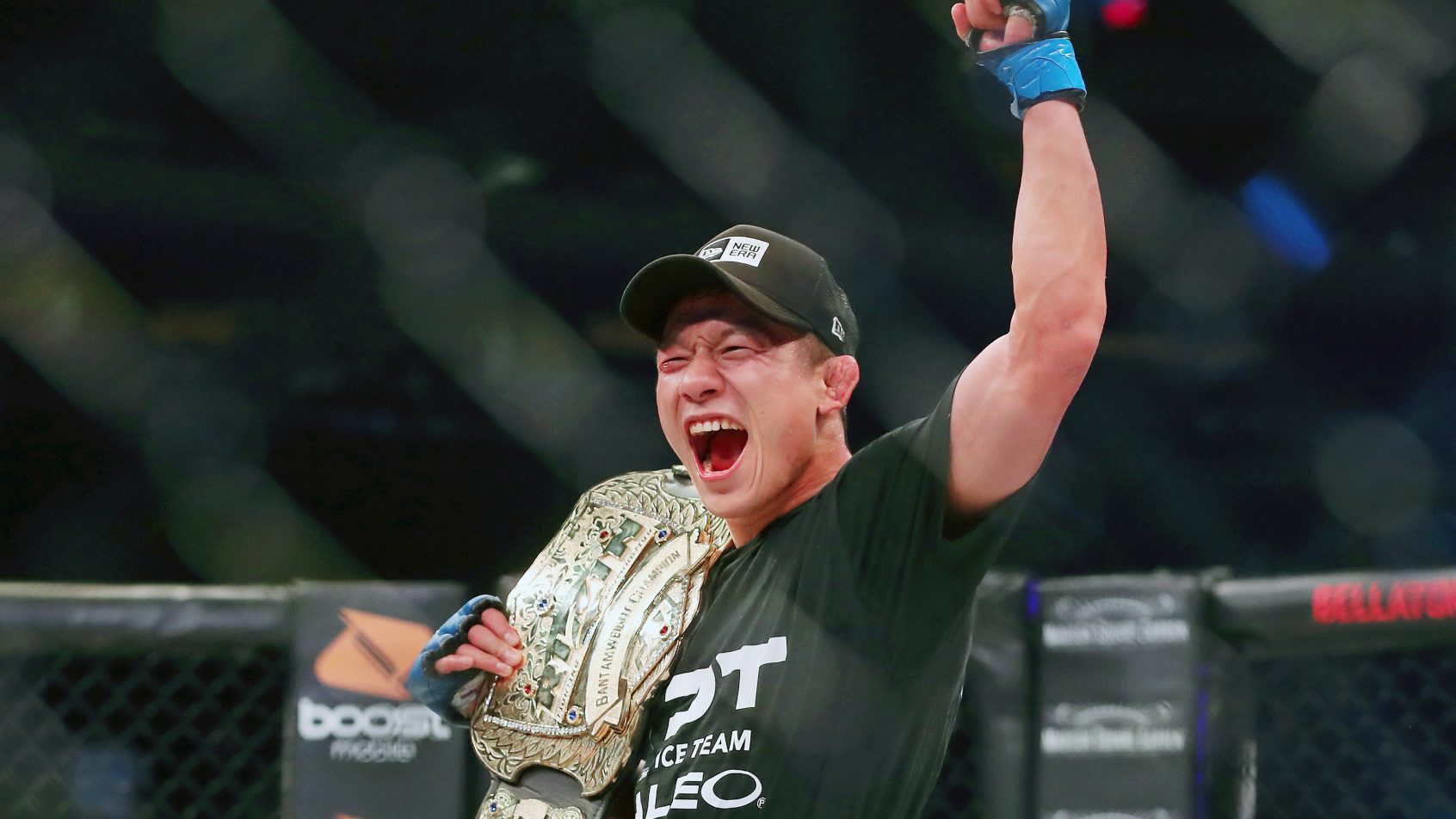 Jun 14, 2019; New York, NY, USA; Kyoji Horiguchi celebrates after his win over Darrion Caldwell (not pictured) during Bellator 222 at Madison Square Garden. Horiguchi won the fight by unanimous decision. Mandatory Credit: Ed Mulholland-Imagn Images