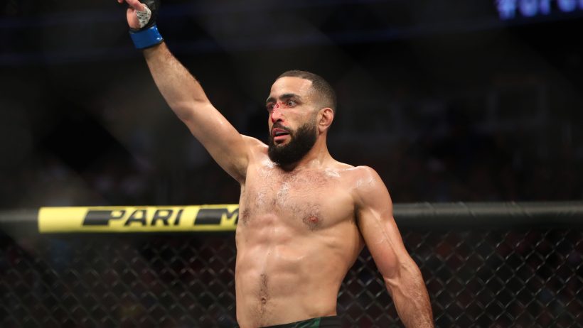 Jun 12, 2021; Glendale, Arizona, USA; Belal Muhammad reacts following his match against Demian Maia during UFC 263 at Gila River Arena. Mandatory Credit: Mark J. Rebilas-Imagn Images