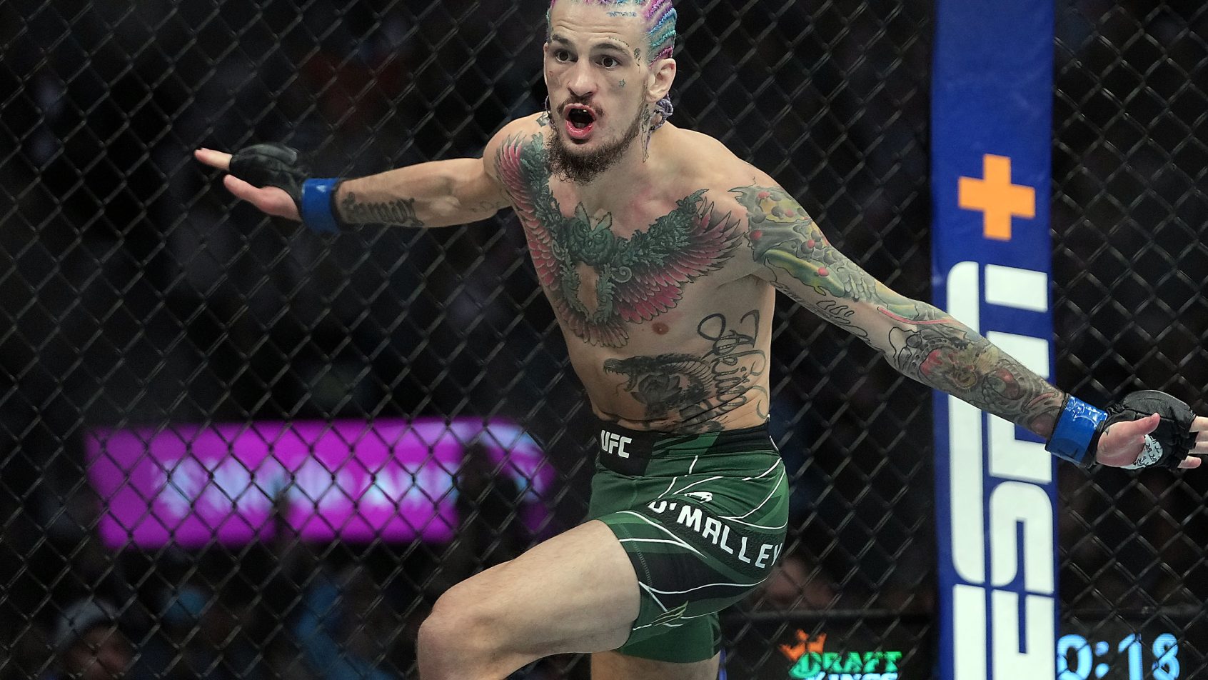 Dec 11, 2021; Las Vegas, Nevada, USA; Sean O'Malley reacts following his TKO victory against Raulian Paiva during UFC 269 at T-Mobile Arena. Mandatory Credit: Stephen R. Sylvanie-Imagn Images