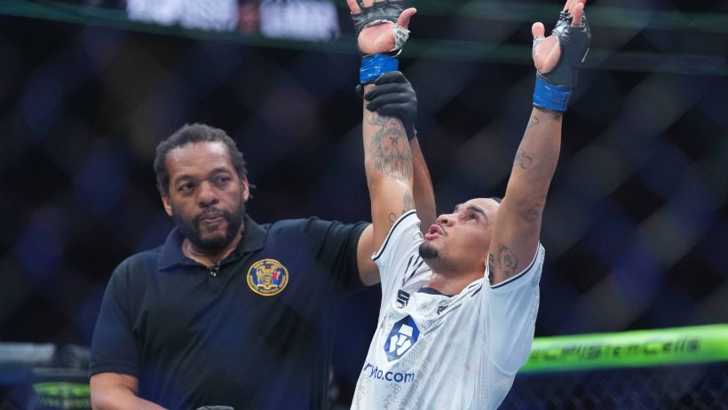 Andre Lima celebrates a victory over Mitch Raposo at UFC 302.