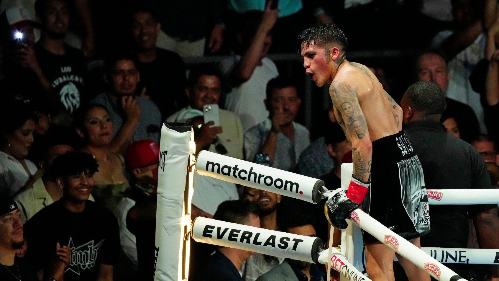 Jesse ‘Bam’ Rodriguez reacts after knocking out Juan Francisco Estrada during the Matchroom Boxing Main Event at the Footprint Center on June 29, 2024, in Phoenix.