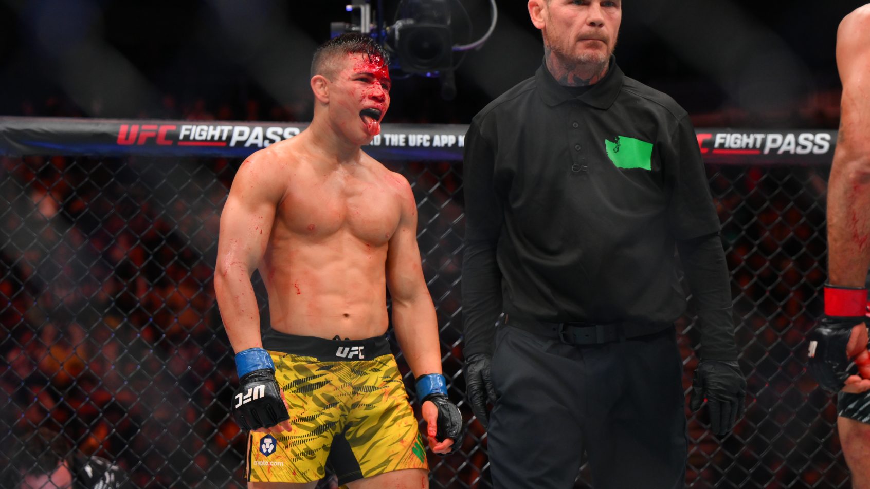 Jean Matsumoto reacts during a UFC Fight Night bout.