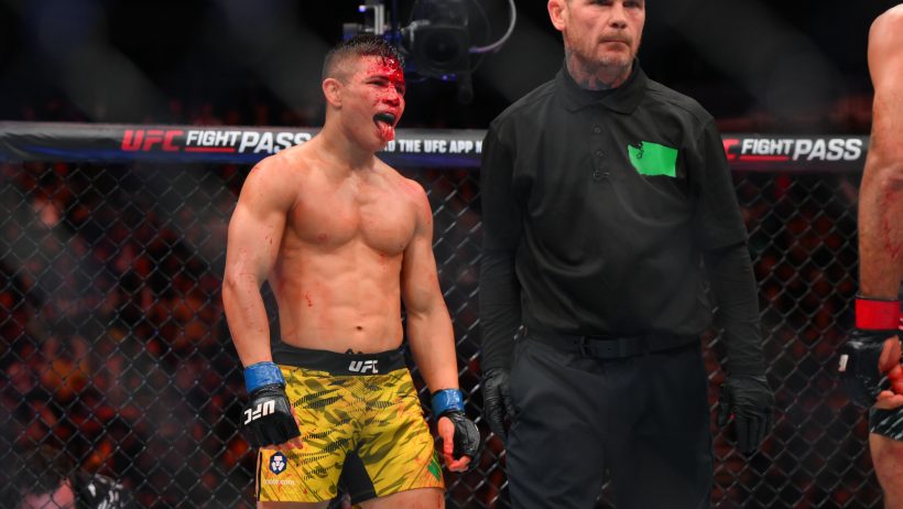Jean Matsumoto reacts during a UFC Fight Night bout.