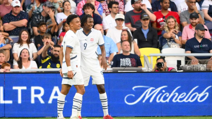 Switzerland midfielder Johan Manzanbi celebrates a goal