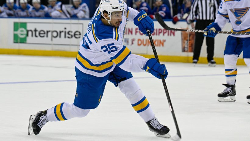 St. Louis Blues right wing Jordan Kyrou shoots puck