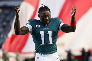Philadelphia Eagles wide receiver A.J. Brown running onto the field pre-game