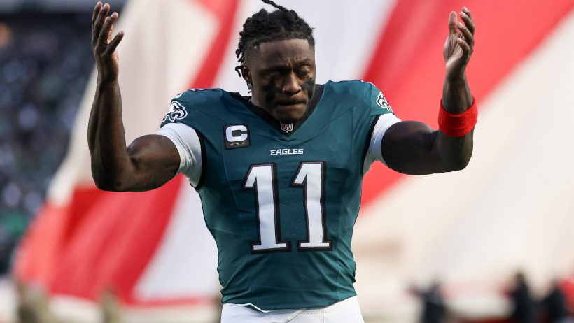 Philadelphia Eagles wide receiver A.J. Brown running onto the field pre-game