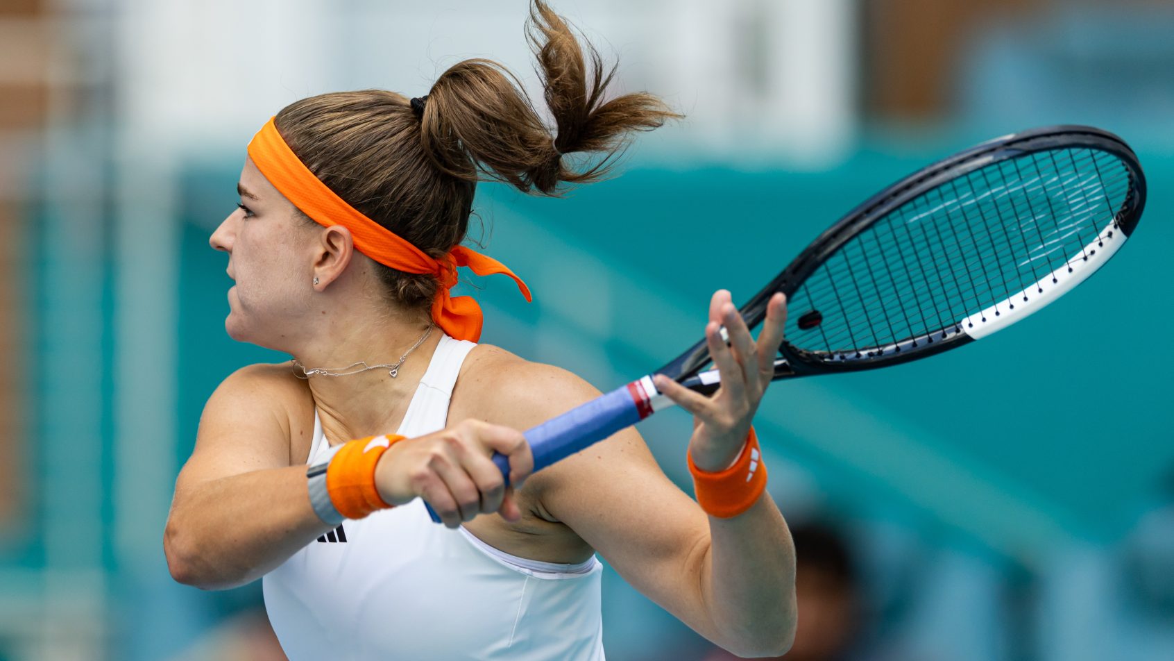 Karolina Muchova hammers a forehand in a match versus Coco Gauff in Miami.