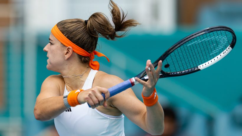 Karolina Muchova hammers a forehand in a match versus Coco Gauff in Miami.