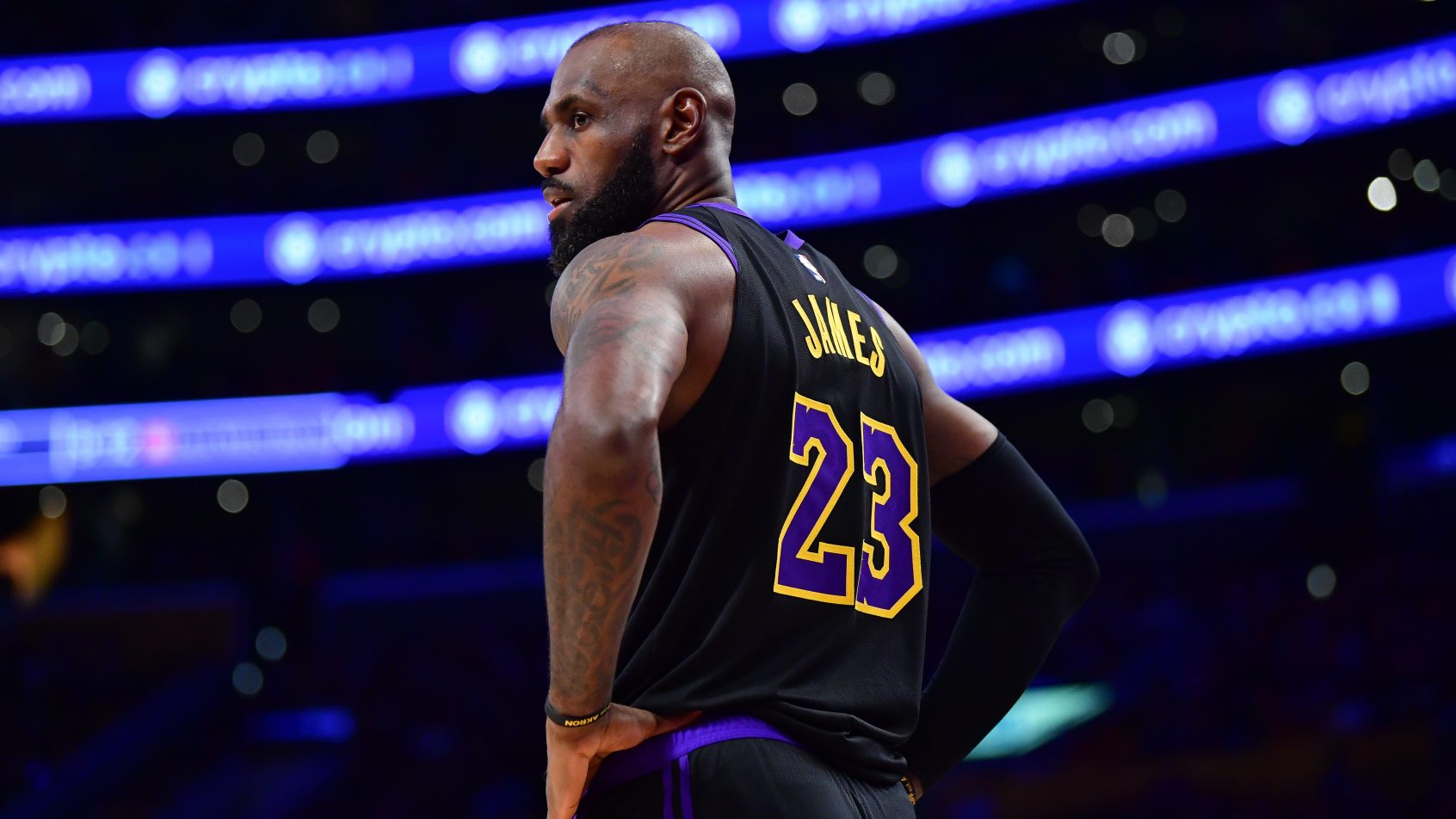 Los Angeles Lakers forward LeBron James looks on