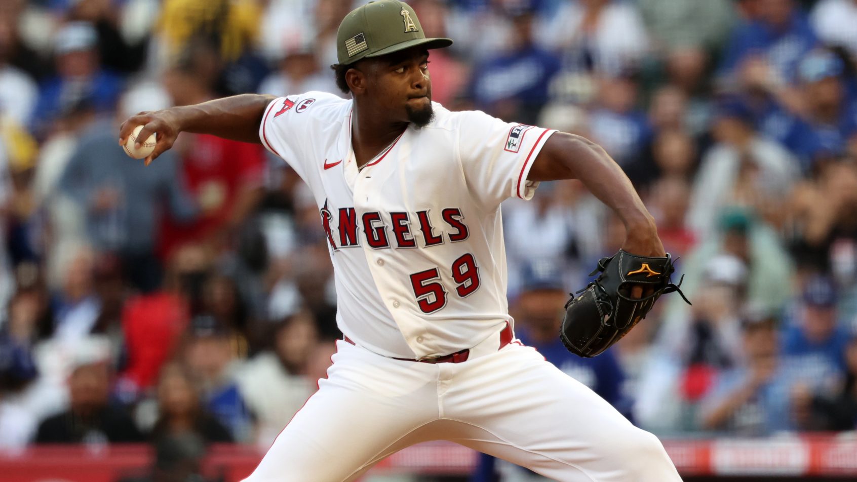 Jose Soriano pitching for the Los Angeles Angels