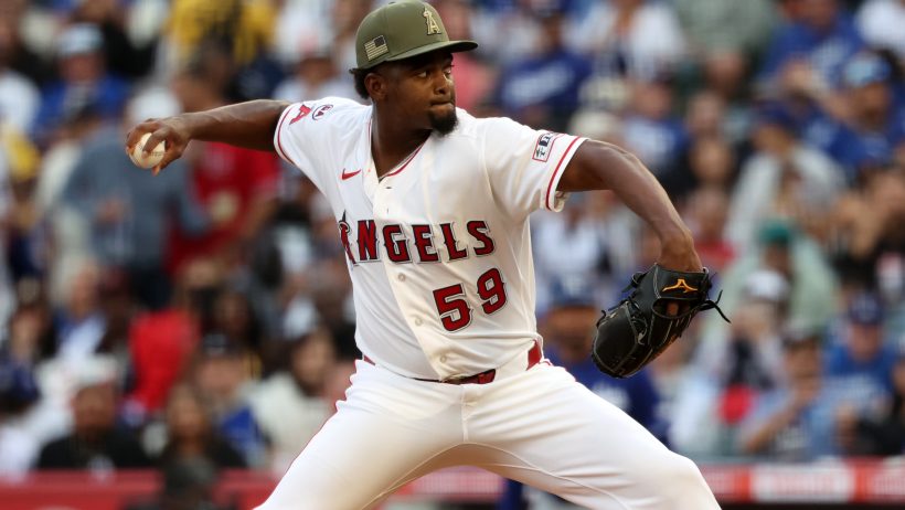 Jose Soriano pitching for the Los Angeles Angels