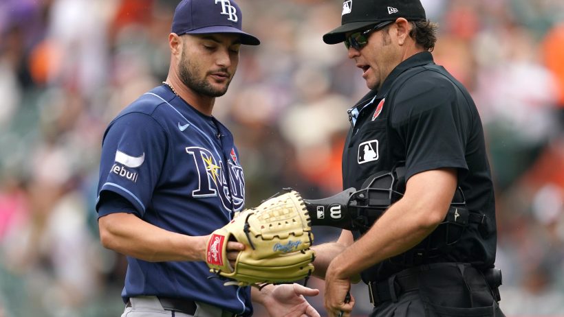 Shane McClanahan talking to umpire