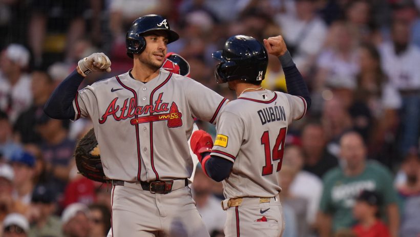 Matt Olson celebrates a home run with his Atlanta teammate.