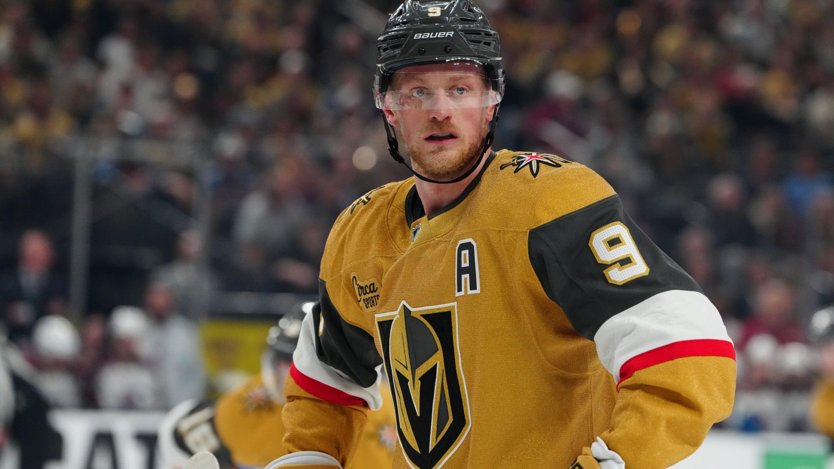 Jack Eichel prepares to take faceoff