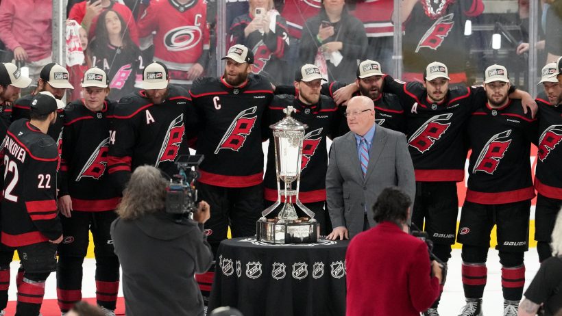 The Hurricanes pose for a photo after punching their ticket to the Stanley Cup Final.