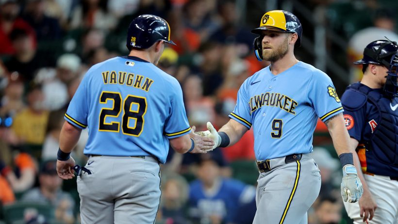 The Milwaukee Brewers celebrate a run versus the Astros.