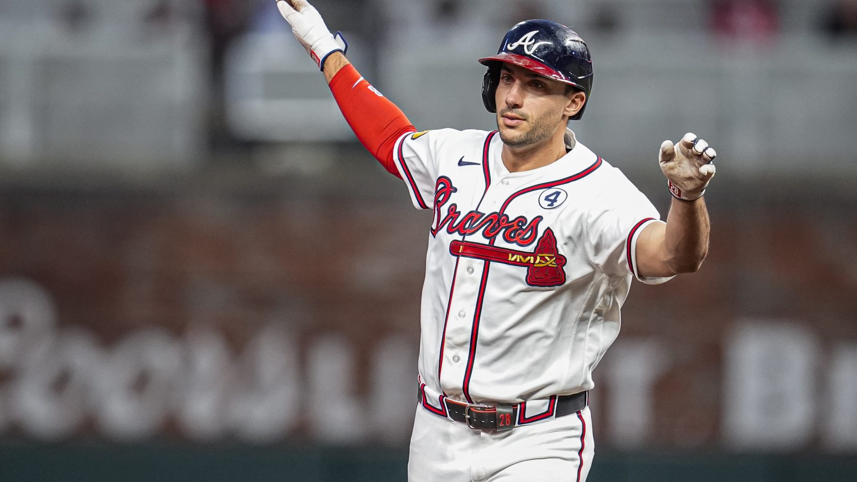 Matt Olson celebrates a home run versus the Blue Jays.