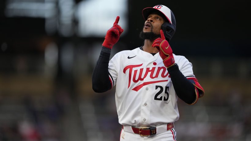 Byron Buxton pointing skywards