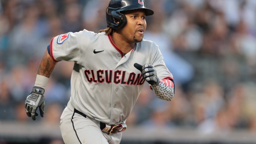 Jose Ramirez races to first after a hit versus the Yankees.