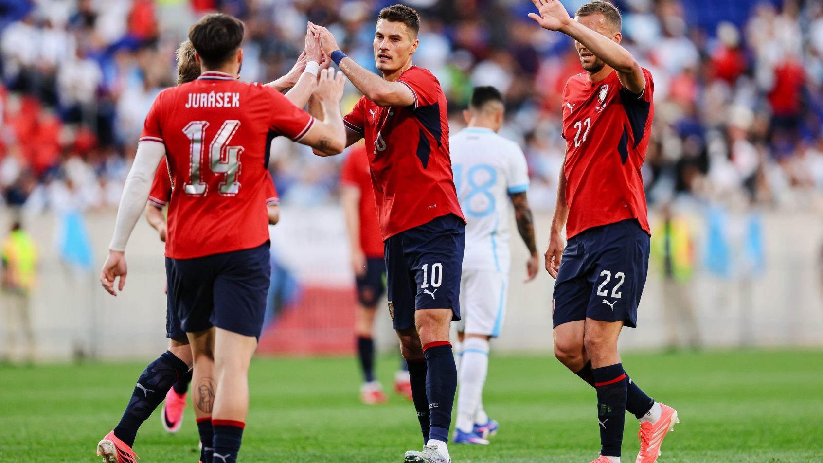 Czechia forward Patrik Schick celebrating with teammates
