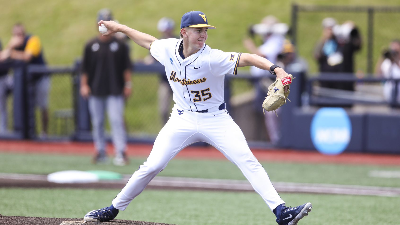 Chansen Cole delivers a pitch versus Cal Poly in a Super Regional game.