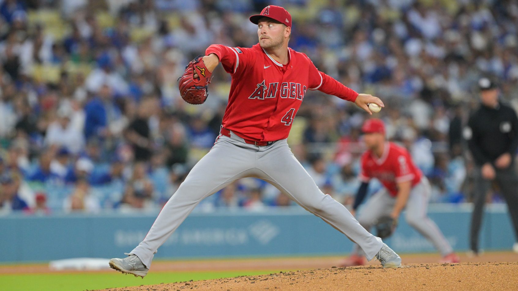 Los Angeles Angels pitcher Reid Detmers throwing a pitch