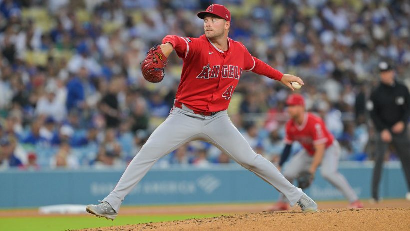 Los Angeles Angels pitcher Reid Detmers throwing a pitch