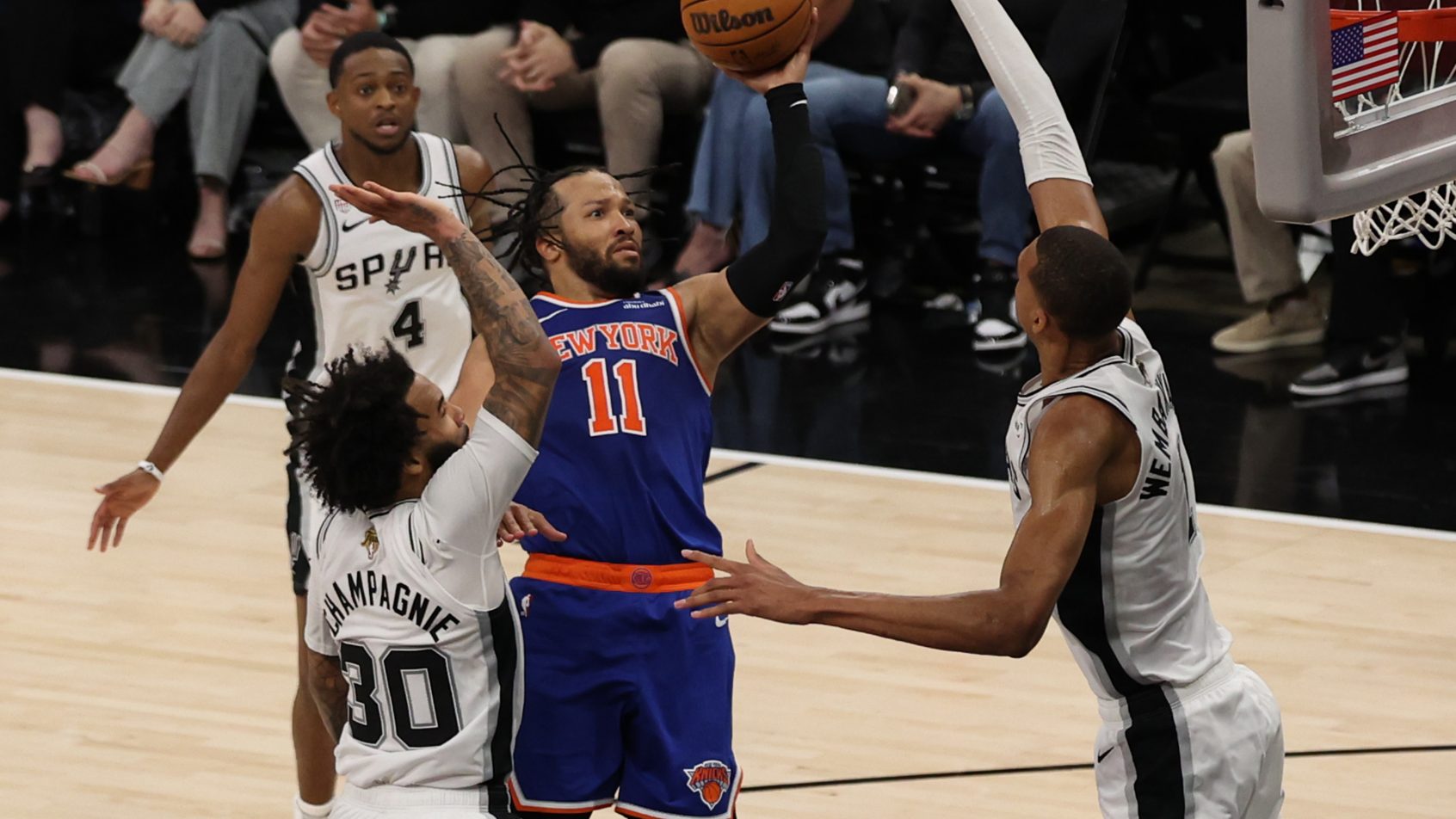 Jalen Brunson rises up for a contested shot in Game 2 of the NBA Finals.