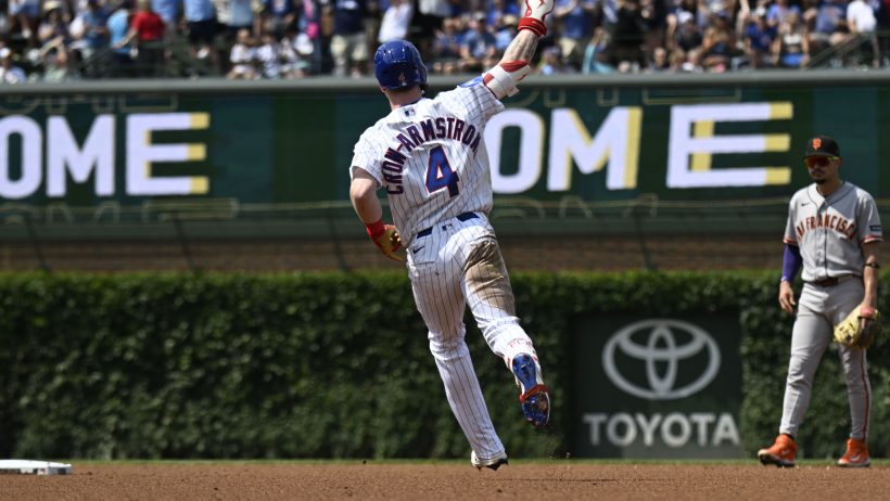 Pete-Crow Armstrong celebrating a home run with the Chicago Cubs.